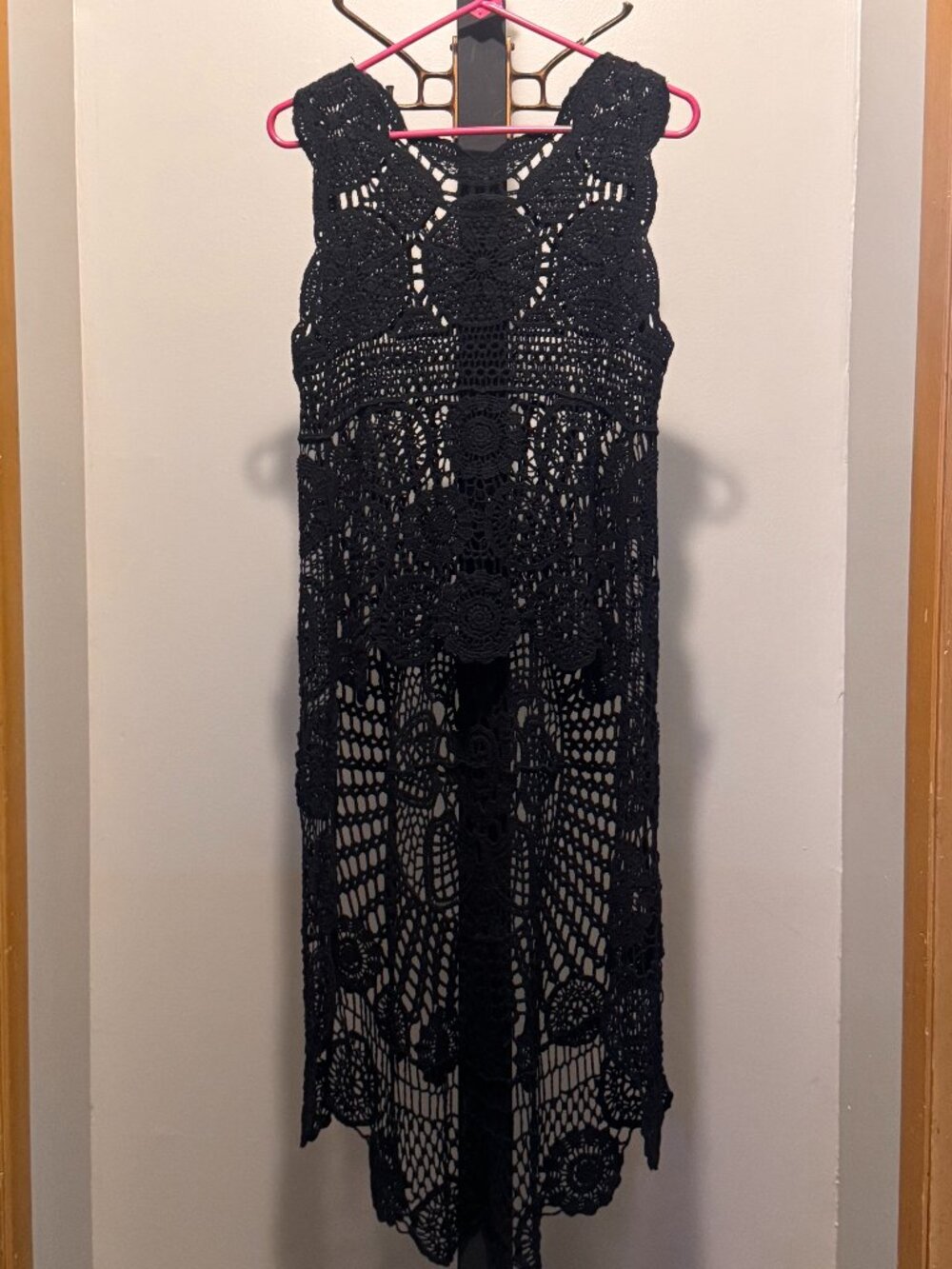 Black Crochet Lace High Low Maxi Vest Dress Boho Festival